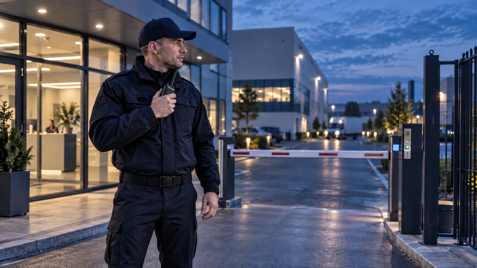 Pracovník ostrahy u vstupu do moderního firemního areálu